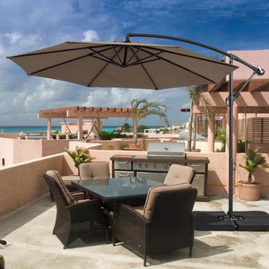 lot 68784 image: JOYESERY - 10 ft. Patio Offset Umbrellas 50 Plus UV Protection Cantilever Outside Umbrellas, Taupe - Retail $151.51