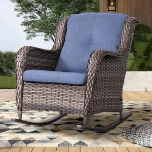 lot 68788 image: Joyside - Wicker Outdoor Rocking Chair with Blue Cushion-  Retail $344.91