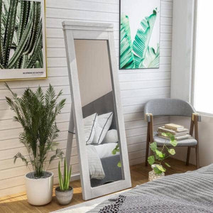 lot 68789 image: Furniture of America - Large Antique White Wood Beveled Glass Rustic Mirror (60 in. H X 21.5 in. W) - Retail $234.39