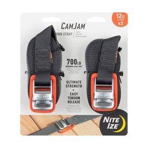 lot 68821 image: Nite Ize, Inc. - Nite IZE CamJam, Zinc Alloy Buckle  Extra Strong Equipment, Furniture and Supplies, 700 lb. Load Limit, 12 ft. Webbing 2 Pack Tie Down Strap, Charcoal - Retail $21.99