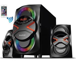 lot 33134 image: Boytone BT-326F, 2.1 Bluetooth Powerful Home Theater Speaker System, with FM Radio, SD USB Ports, Digital Playback, 40 Watts, Disco Lights, Full Function Remote Control, for Smartphone, Tablet., Black
