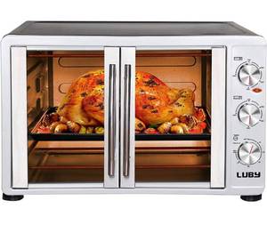 lot 33151 image: LUBY Large Toaster Oven Countertop, French Door Designed, 55L, 18 Slices, 14 pizza, 20lb Turkey, Silver