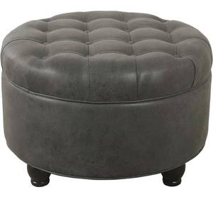 lot 33174 image: Homepop Home Decor  Large Button Tufted Faux Leather Round Storage Ottoman  Ottoman with Storage for Living Room & Bedroom (Gray)