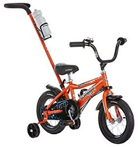 lot 33694 image: Schwinn Grit Steerable Kids Bike, Boys Beginner Bicycle, 12-Inch Wheels, Training Wheels, Easily Removed Parent Push Handle with Water Bottle Holder, OrangeBlack