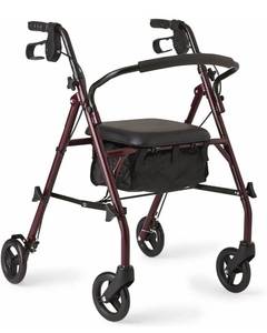 lot 36984 image: Medline Rollator Walker with Seat, Steel Rolling Walker with 6-inch Wheels Supports up to 350 lbs, Medical Walker, Burgundy