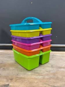 lot 36986 image: Assorted Bright Colors Portable Plastic Storage Caddy 6-Pack for Classrooms, Kids Room, and Office Organization, (Lime, Orange, Pink, Purple, Teal, and Yellow) 3 Compartment Each caddy measures 9�L x 9W x 5�H
