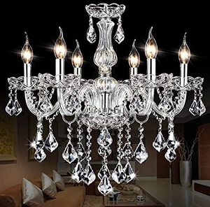 lot 28284 image: SUN-E Maple Leaf Shape K9 Crystal Candle Chandeliers Lighting 6 Lights Bathroom Pendant Ceiling Lights Fixture Lamp for Dining Living Room Bedroom Hallway Entry D23.6 X L43.6(Detailed Instructions)