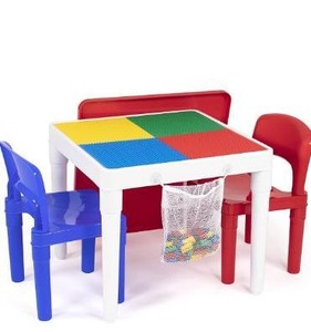 lot 3597 image: Humble Crew, WhiteBlueRed Kids 2-in-1 Plastic Building Blocks-Compatible Activity Table and 2 Chairs Set, Square, Toddler