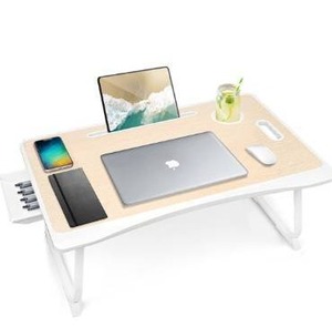 lot 3627 image: Amaredom Laptop Bed Desk Tray Bed Table, Foldable Portable Lap Desk with Storage Drawer and Cup Holder for Eating Breakfast on BedCouchSofa-White Oak