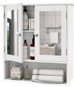 lot 3628 image: TaoHFE Wall Mounted Bathroom Cabinet with 2 Mirror Doors and Open Shelf Wooden Medicine Cabinet Storage for Bathroom&Living Room&Kitchen (White)