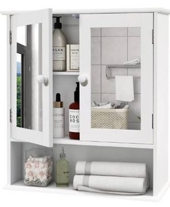 lot 3629 image: TaoHFE Wall Mounted Bathroom Cabinet with 2 Mirror Doors and Open Shelf Wooden Medicine Cabinet Storage for Bathroom&Living Room&Kitchen (White)
