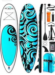 lot 3645 image: FITWAVE Paddle Board 9.5ft10ft SUP  Kit - Inflatable Paddle Boards for Adults - Inflatable Stand Up Paddle Board with Pump, Emergency Repair Kit, Bag & More - Anti Air Leaking & Nonslip Deck