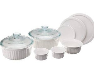 lot 3664 image: CorningWare French White 10 Piece Ceramic Bakeware Set  Microwave, Oven, Fridge, Freezer, and Dishwasher Safe  Resists Chipping and Cracking  Doesnt Absorb Food Odors and Stains