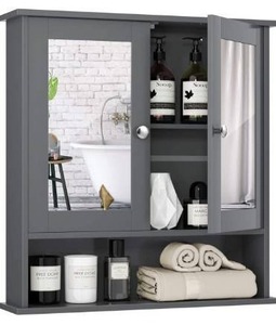 lot 3715 image: Tangkula Bathroom Cabinet Wall Mounted with Double Mirror Doors, Wood Hanging Cabinet with Doors and Shelves, Bathroom Wall Mirror Cabinet (Gray)