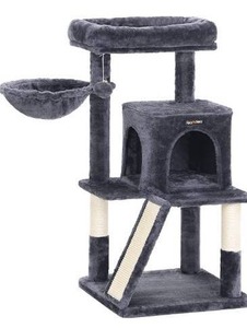lot 3717 image: FEANDREA Cat Tree, Small Cat Tower with Widened Perch for Large Cats Indoor, Kittens, 37.8-Inch Multi-Level Cat Condo with Scratching Posts and Ramp, 2-Door Cat Cave, Cat Basket, Smoky Gray UPCT51G