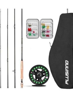 lot 3731 image: PLUSINNO Fly Fishing Rod and Reel Combo, 4 Piece Lightweight Ultra-Portable Graphite Fly Rod 56 Complete Starter Package with Carrier Bag