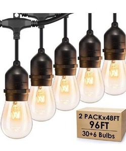 lot 3734 image: Patio, Waterproof Hanging Vintage 11W Edison Bulbs, 48Ft Commercial Lights String Perfect for Cafe Backyard Pergola, Blk(96ft)