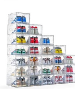 lot 3750 image: 12 Pack Shoe Storage Box Shoe Box Clear Plastic Stackable Drop Front Shoe Organizer Space Saving Foldable Shoe Container Bin Fit up to US Size 12 (transparent)