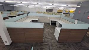 lot 40025 image: Large Cubicle Work Station W Steelcase U-Shape Desk and Filing Cabinets