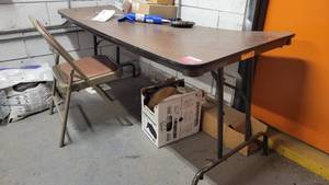 lot 22566 image: 59in Foldable Table (Damaged), Metal Foldable Chair, Trash cans, and More