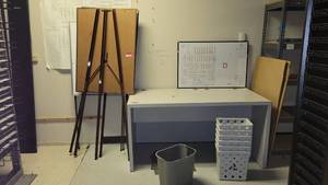 lot 22591 image: 3 White Boards W Tripod Stand, 5ft Gray Desk, Recycling Bins, and More