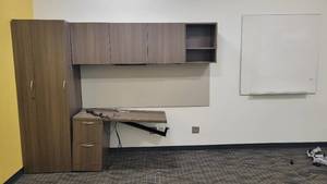 lot 22597 image: Steelcase Hutch, Two-Section Storage Cabinet, and a Partially Disassembled Desk - BRING TOOLS FOR REMOVAL