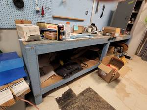 lot 40160 image: 10ft Blue Wooden Work Bench - Contents Included