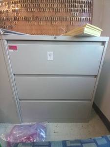 lot 40192 image: 3 Drawer Metal Filing Cabinet Contents Inside Included