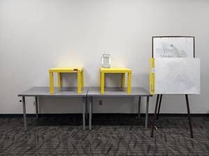 lot 40223 image: Lot of (3) Grey Tables and (2) Yellow Side Tables