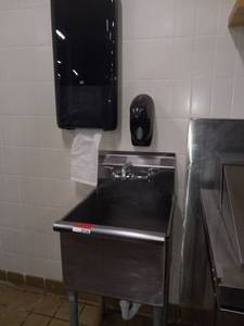 lot 37156 image: Eagle Group Stainless Steel Sink with Soap Dispenser and Tork Paper Towel Dispenser