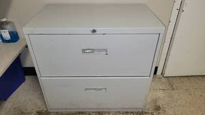 lot 49225 image: Light Gray 2-Drawer Filing Cabinet and a Small 3-Tier Stainless Steel Shelf