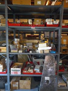 lot 49339 image: Contents of Shelf - Relay Switches, Pressure Switches, Power Supply Cord, and More