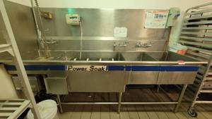 lot 40535 image: 4-Well Stainless-Steel Kitchen Sink W Eco Lab Sanitizer