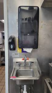 lot 40555 image: Stainless Steel Single Handwashing Sink W a Soap Dispenser and a Tork Towel Dispenser