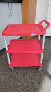 lot 45005 image: Rubbermaid Red 3-Tier Plastic Rolling Cart