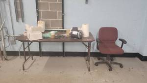 lot 37161 image: 5ft Brown Foladable Table, Office Chair, and More