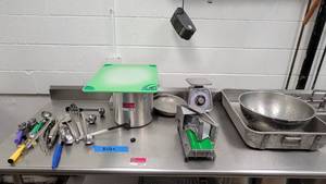 lot 44541 image: Commerical Assorted Kitchen Supplies - Soup Latels, Countertop Slicer, 5lb Taylor Food Scale, and More