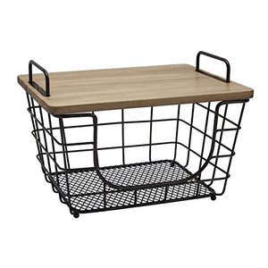 lot 46586 image: Gourmet Basics by Mikasa Madam Metal StackingNesting Rectangular Basket with Acacia Lid, Antique Black