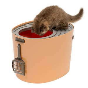 lot 1649 image: IRIS Medium Top Entry Cat Litter Box Orange, 17 x 13.5 x 1 H