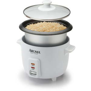 lot 1679 image: Aroma 6 Cup Non-Stick Pot Style White Rice Cooker 3 Piece, White, 6.5 Hx 9 W