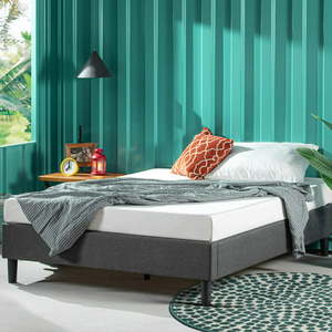 lot 3269 image: Zinus Curtis Upholstered Platform Bed Frame  Mattress Foundation  Wood Slat Support  No Box Spring Needed  Easy Assembly Queen Grey - Retail $208.49
