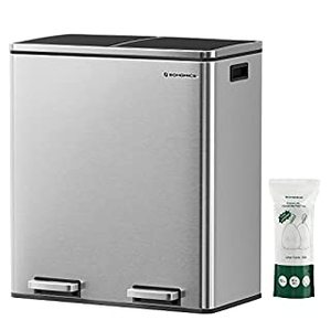 lot 12929 image: SONGMICS Trash Can, 2 x 8 Gal Garbage Can for Kitchen, with 15 Trash Bags, 2 Compartments, Plastic Inner Buckets and Hinged Lids, Airtight, Silver and Black ULTB60NL (B07B8GX69W)