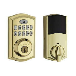 lot 1695 image: Kwikset 913-L03S Traditional Smartcode Touchpad Electronic Deadbolt SmartKey with RCAL Latch and RCS Strike Lifetime Brass Finish