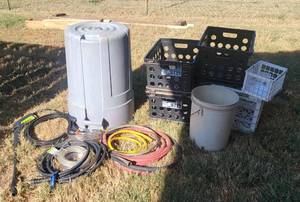 lot 5023 image: Garbage Can - Plastic Crates - Hoses - Bucket
