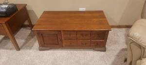 lot 3005 image: Wood Coffee Table with 2 Drawers and Storage - On Wheels - 40 x 24 x 17