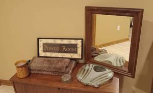 lot 3009 image: Bathroom Decor - Mirror - Scentsy Merino - Rugs - Trinket Dish - Taylor Lithium Scale - Powder Room Wall Art