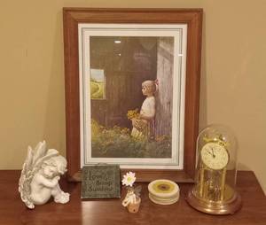 lot 3012 image: Print in Wood Frame by A. Sehring Summer Day Dreams - Vintage Kundo Clock with Key - Angel Statue - My little Kitchen Fairies Oopsey Daisy Coasters and Plaque
