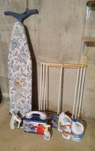 lot 3015 image: Rowenta Iron - Ironing Board - Steam Cleaner - Clothes Rack - Suction Bar - Washing Liquids (Bring Boxes) - IN BASEMENT