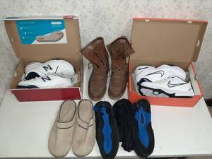 lot 1645 image: Mens Shoes - Size 11 12 - (2) New in Box Sneakers, Red Wing Boots, (2) Water Shoes and 1 pair of Slippers