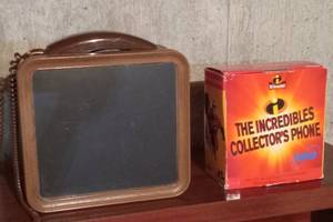 lot 3036 image: Vintage Telephone in Wall Case with Chalkboard and The Incredibles Collectors Phone